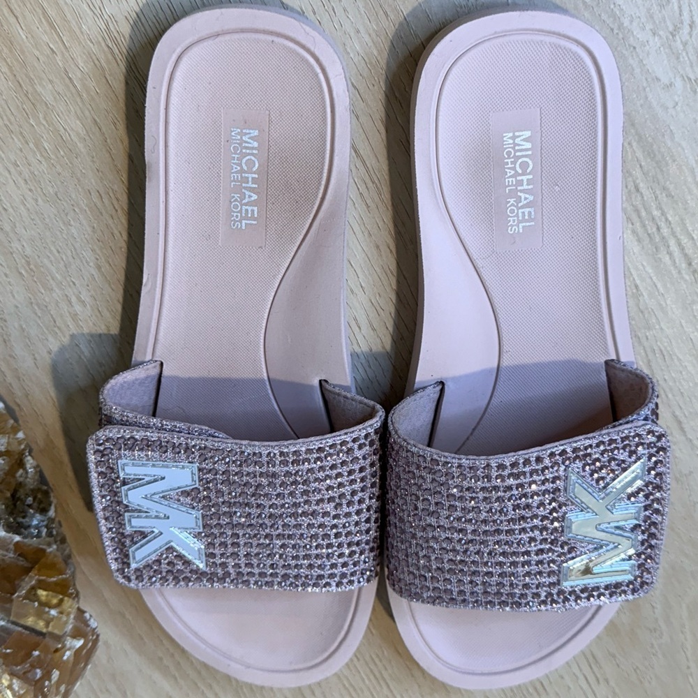 Michael Kors Blush Glitter Slide Sandals Logo Strap Casual Summer Size 7M - Picture 4 of 6